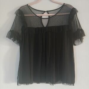 White House Black Market Lace Overlay Ruffle Blouse Top Black Large